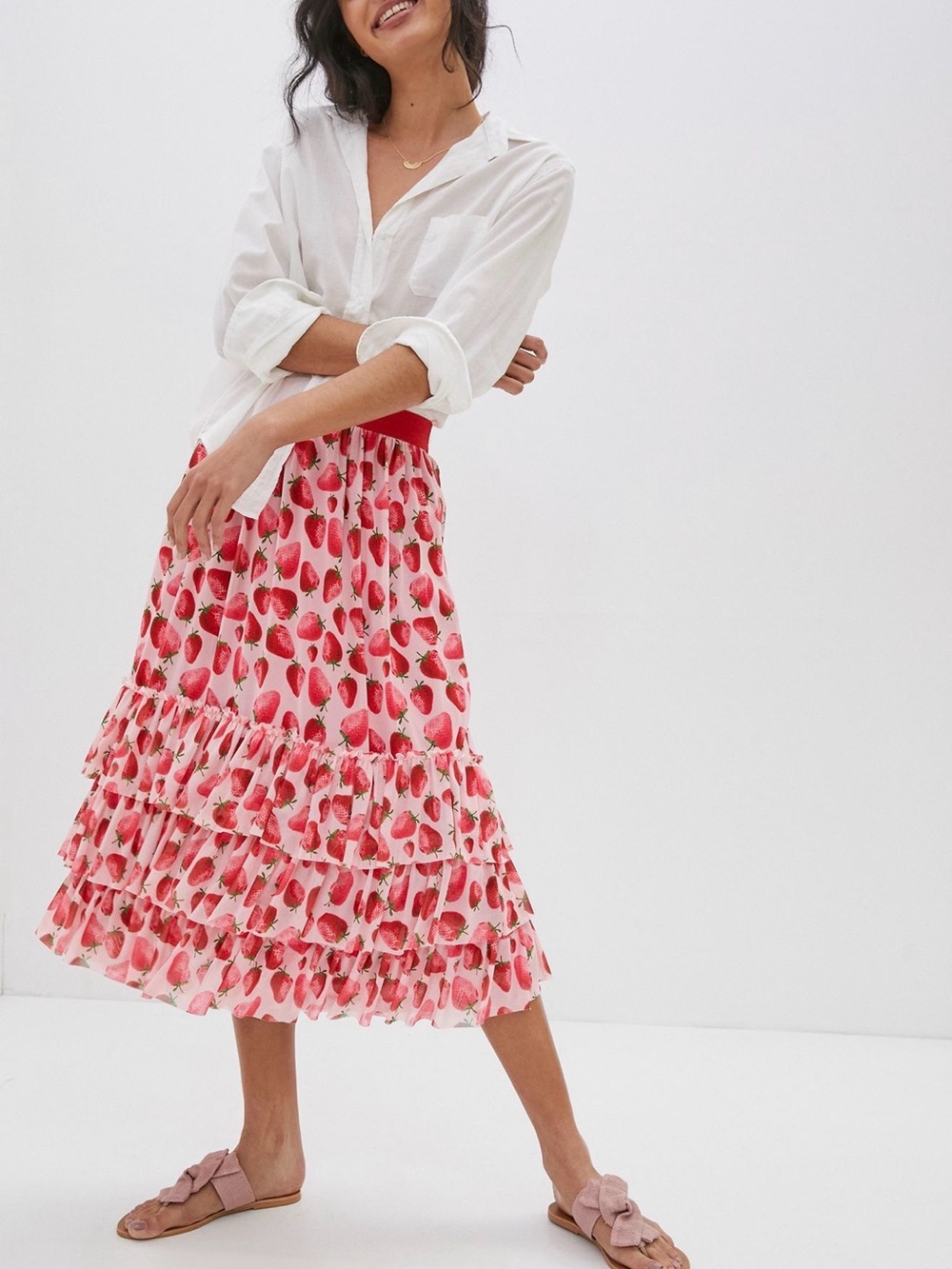 Anthropologie Pink Strawberry Tiered Midi Skirt by Eva Franco